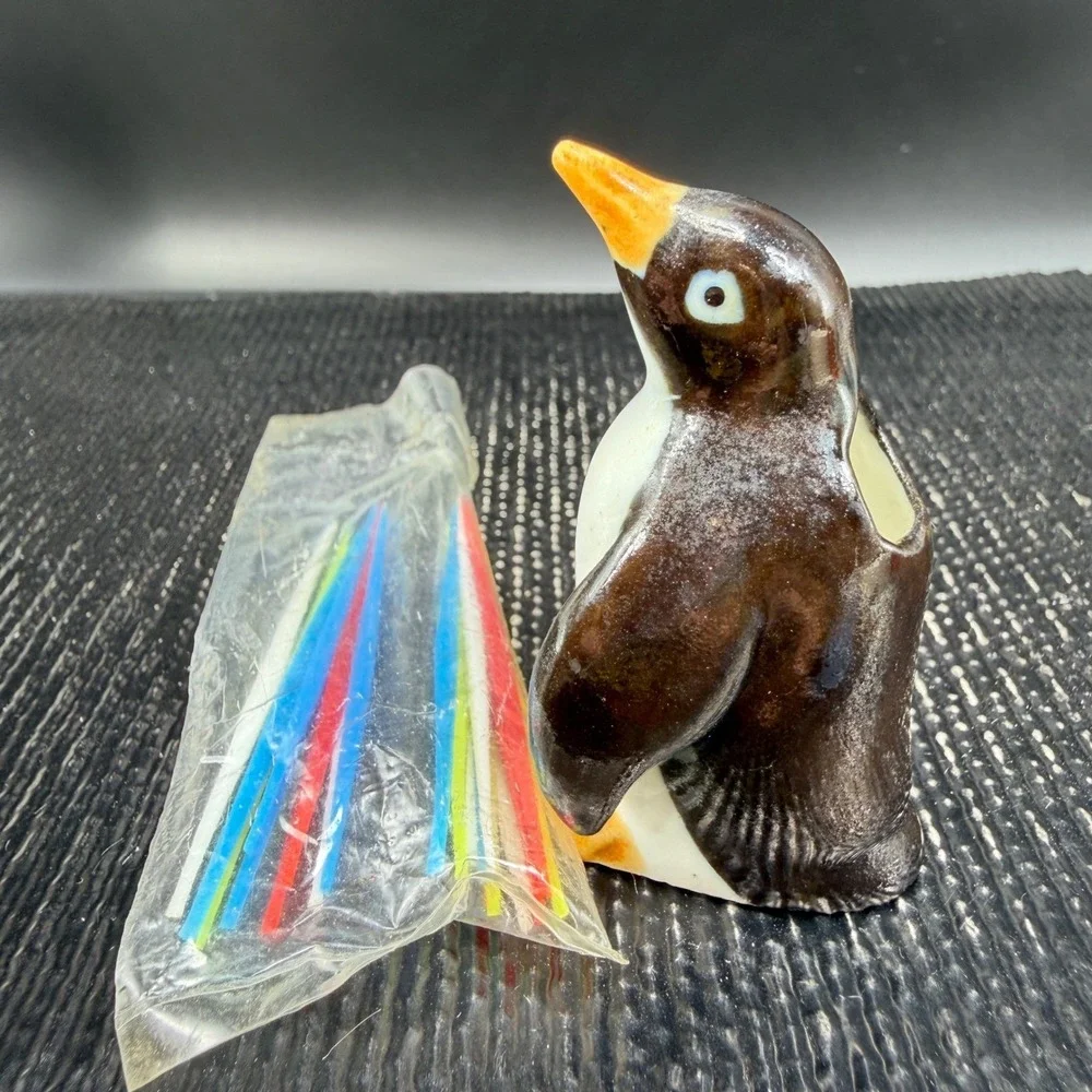 Vintage Ceramic Penguin Toothpick Holder with Colorful Cocktail Picks 2 Inch